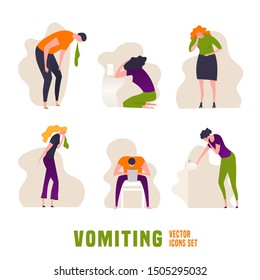 Vomiting or digestive problem vector icons set. Sick people signs. Editable illustration in modern flat style. Medical, healthcare, food poisoning concept in bright green, orange, violet, pink colors.