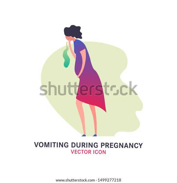 妊娠中の嘔吐のベクター画像アイコン 病気の女の子のサイン 現代のフラットスタイルで編集可能なイラスト 明るい緑 青 ピンクの色の医療 医療 医療 食中毒のコンセプト のベクター画像素材 ロイヤリティフリー