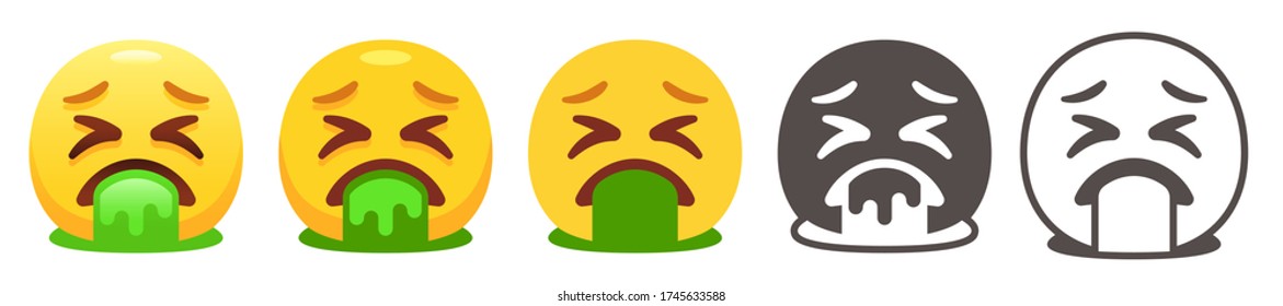 Vomiting Emoji. Yellow Face With X-shaped Eyes Spewing Green Vomit. Spew Or Throwing Up Emoticon Flat Vector Icon Set