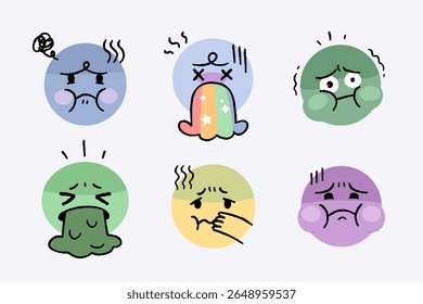 Icono de cara de vómito. Conjunto de ilustraciones de cara de persona repugnante o con náuseas.