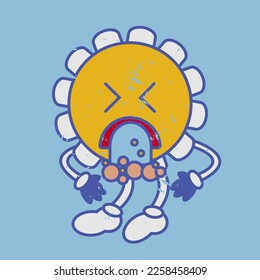 Sonrisa vómita de la cara retro gamomile flor emoji. Arrojando emoticono de flor retro estilo de los años 70 de los 50's vintage con lágrimas. Textura de efecto de empañado. Héroe del dibujo vectorial con ojos, boca, manos, piernas.