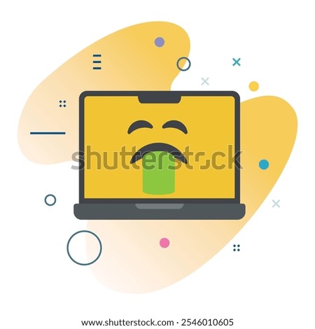 Vomiting Facial Expression on Laptop Screen - Technology Illustration Design for Digital Media |  icon design Vomiting Emoji Laptop