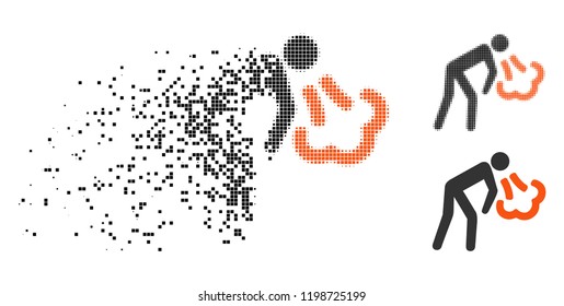 Vomiting icon in dissolving, dotted halftone and undamaged entire variants. Particles are composed into vector dissolving vomiting icon. Disintegration effect involves rectangular particles.