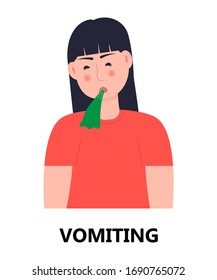Vómitos vectoriales. Envenenamiento, mala digestión, úlcera estomacal. La mujer vomita y sufre. Ilustración de persona infectada.
