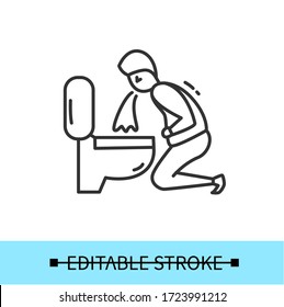 Vomiting line icon.Character feeling nausea.Man puking in bathroom.Hangover. Symptoms food poisoning .Health problem.Isolated linear vector character illustration.Editable stroke
