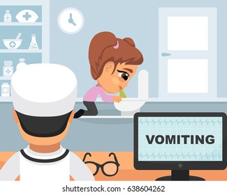 Vomiting medical concept. Vector illustration. Doctor and patient are talking in the hospital. Isolated on white background.
