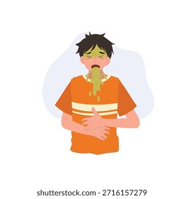 vômitos e náuseas conceito. homem jovem doente com dor de estômago intoxicação alimentar e doença.
