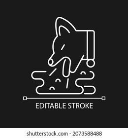 Icono lineal blanco de mascota para el tema oscuro. Emesis y vomitando. Explosión de contenido de Stomach. Ilustración personalizable de línea delgada. Símbolo de contorno vectorial aislado para el modo nocturno. Trazo editable