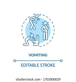 Vomiting turquoise concept icon. Human puking in toilet. Patient with indigestion. Rotavirus symptom idea thin line illustration. Vector isolated outline RGB color drawing. Editable stroke