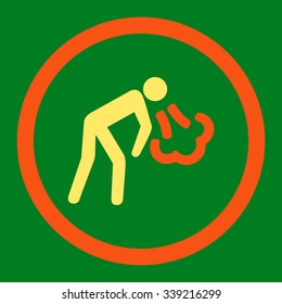 Vomiting vector icon. Style is bicolor flat rounded symbol, orange and yellow colors, rounded angles, green background.
