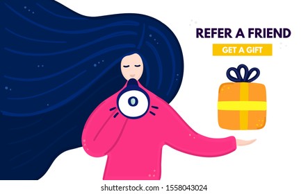 Voncept of referral program. Social media marketing. Refer a friend. Girl speaks into a loudspeaker, holding gift in her hand. Banner, advertising. Vector illustration
