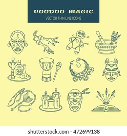 Voodoo African and American magic vector line icons. 
