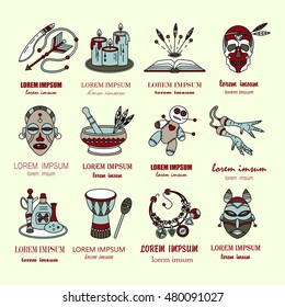 Voodoo African and American magic vector logo. Line icons of voodoo doll, skull, chicken foot, necklace, poison, candles, drums, book a machete.