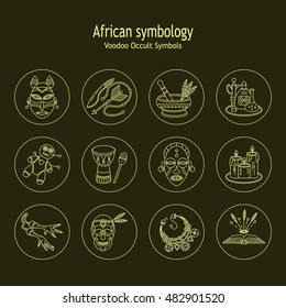 Voodoo African and American magic vector line icons. Voodoo doll, skull, chicken foot, necklace, poison, candles, drums, book a machete.