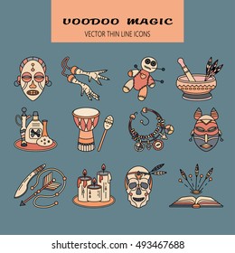 Voodoo African and American magic vector logo. Color line icons of voodoo doll, skull, chicken foot, necklace, poison, candles, drums, book a machete.