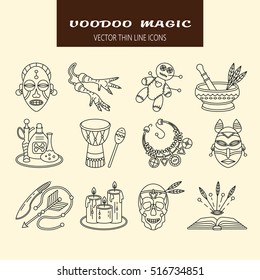 Voodoo African and American magic vector line icons. Voodoo doll, skull, chicken foot, necklace, poison, candles, drums, book a machete