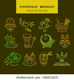 Voodoo African and American magic vector line icons. Voodoo doll, skull, chicken foot, necklace, poison, candles, drums, book a machete.
