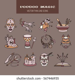 Voodoo African and American magic vector logo. Color line icons of voodoo doll, skull, chicken foot, necklace, poison, candles, drums, book a machete.