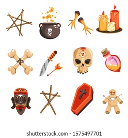 Voodoo african occult practices attributes, isolated icons vector. Skull and bones, mask and candles, ritual doll with pins and coffin, potion and chicken claws. Kettle and star, knife and arrow