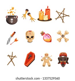 Voodoo attributes candles and skulls pot with brewery vector set of isolated icons witch symbols chicken and pentagram knife and bottle in shape of heart coffin and puppet doll with needles bones