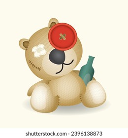 Voodoo bear Doll drunken made from sackcloth hug a bottle of liquor vector illustration.