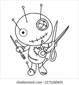 Voodoo Coloring page for kids Horror coloring book page for kids and adults ,Voodoo doll teddy bear vector, Halloween cursed doll coloring page