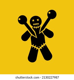 Voodoo doll black icon. Heedle in heart, prick it into toy. Read spell. Mysticism and witchcraft. Vector illustration flat design. Isolated on yellow background.