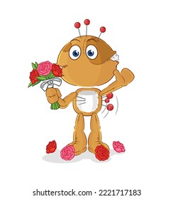 the voodoo doll with bouquet mascot. cartoon vector