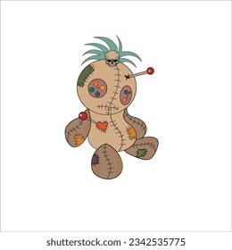 Voodoo Doll. Cartoon Cursed doll. Vector illustration in cartoon style. Isolated on a white background. Vector illustration for Halloween. 