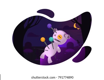 A voodoo doll in the cemetery. Night of the dead, magic. Vector gradient illustration