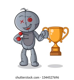 voodoo doll champion with Trophy mascot vector cartoon art illustration