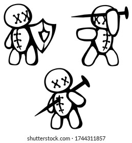 Voodoo doll fighting poses set stencil black, vector illustration, horizontal, isolated
