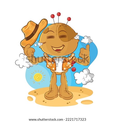 the voodoo doll go on vacation. cartoon mascot vector