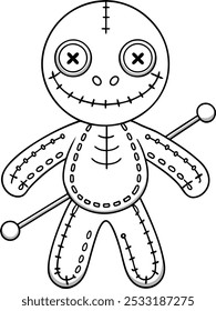 Voodoo doll Halloween coloring page with cute button eyes, perfect for kids' spooky fun