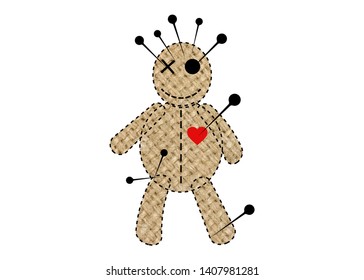 Voodoo Doll Halloween Concept Icon of beige jute fabric texture, cartoon doll in unrequited love, T-shirt design, rag doll for black magic, vector magic toy and red heart isolated On white Background