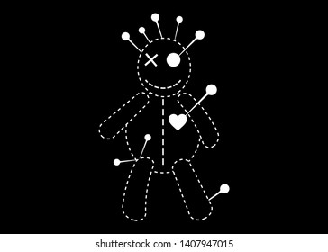 Voodoo Doll Halloween Concept Line Icon, cartoon doll in unrequited love, T-shirt design, vector isolated on Black Background