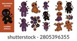 Voodoo doll halloween vector cartoon illustration. collection of different scary objects and toys. creepy and spooky symbol of black magic and curses.