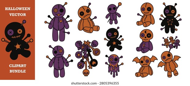 Voodoo doll halloween vector cartoon illustration. collection of different scary objects and toys. creepy and spooky symbol of black magic and curses.