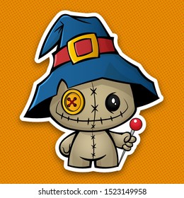 Voodoo doll. Halloween voodoo doll in a witch hat with a needle in his hand. Cartoon style sticker. Chibi, cute, kids costume .Vector.