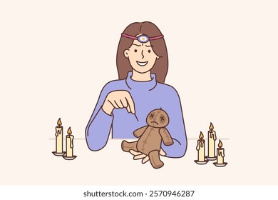 Voodoo doll in hands woman magician who uses black magic to cast spells on person. Witch performs mysterious ritual by piercing voodoo doll with needle in order to harm enemy and summon evil spirits.