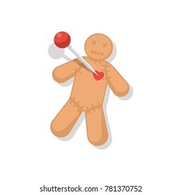 Voodoo doll. Heedle in heart, prick it into toy. Read spell. Mysticism and witchcraft. Vector illustration flat design. Isolated on white background.