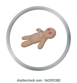 Voodoo doll icon in cartoon style isolated on white background. Black and white magic symbol stock vector illustration.