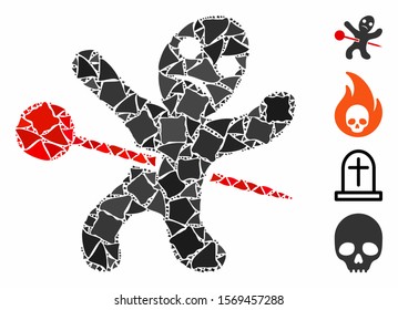 Voodoo doll icon composition of tremulant elements in different sizes and shades, based on voodoo doll icon. Vector uneven elements are organized into collage.