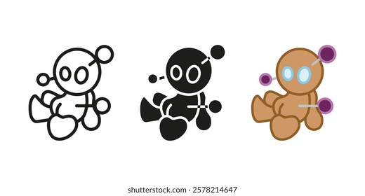 Voodoo doll icon. Voodoo toy pierced with needles vector illustration. Black magic fabric dummy character symbol. Witchcraft puppet guy pins. Voodoo curse sign. Halloween cute guy pictogram isolated.