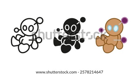 Voodoo doll icon. Voodoo toy pierced with needles vector illustration. Black magic fabric dummy character symbol. Witchcraft puppet guy pins. Voodoo curse sign. Halloween cute guy pictogram isolated.