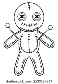 Voodoo doll illustration with pins, perfect for a Halloween-themed coloring page for kids