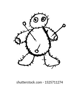 Voodoo doll isolated on white background in doodle style. Outline vector illustration. Artwork Halloween hand drawn element for design t shirt, card, coloring book, posters, flier, cup, invitation. 