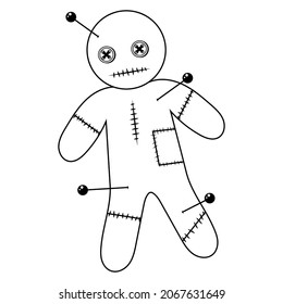 A voodoo doll line. Scary mystical doll for human control. Voodoo magic with needles. Vector illustration isolate in cartoon style. A toy pierced with needles, the curse of a man.