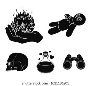 A voodoo doll, a magical fire, a love potion, a skull.Black and white magic set collection icons in black style vector symbol stock illustration web.