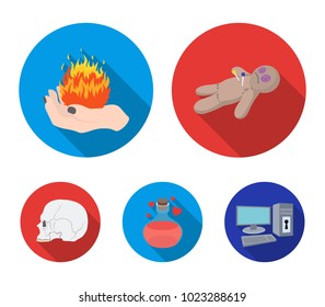 A voodoo doll, a magical fire, a love potion, a skull.Black and white magic set collection icons in flat style vector symbol stock illustration web.